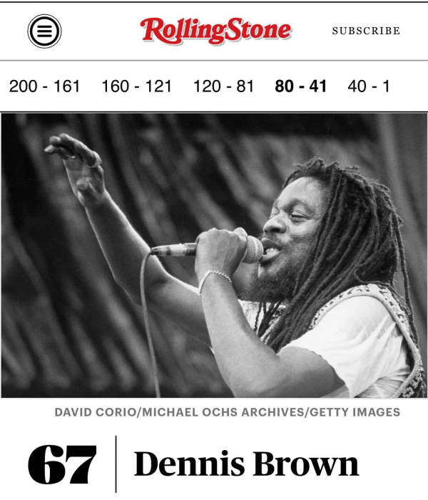 Dennis Brown na 67. mjestu Rolling Stoneove liste 200 najboljih pjevača svih vremena